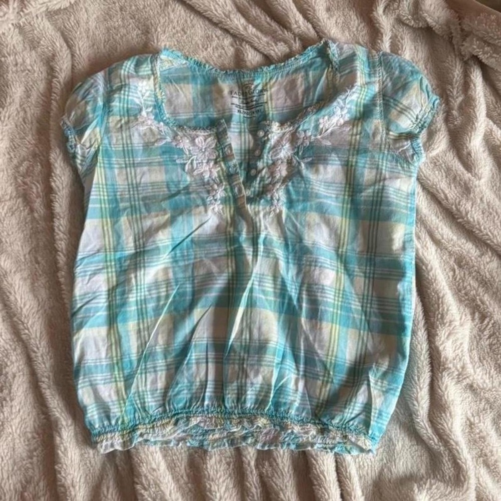 Plaid Short-Sleeve Embroidered Blouse - Aqua/White